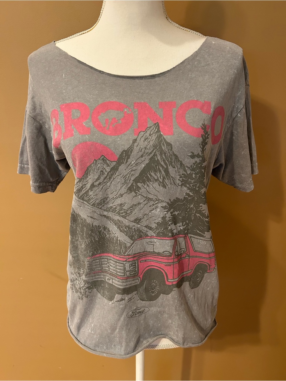 Ford Gray Tee with Pink Bronco Graphic Distressed Original Small Weaved